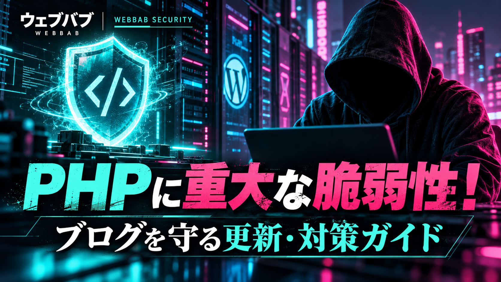 PHPの脆弱性対策をテーマにしたサイバーパンク調のイメージ