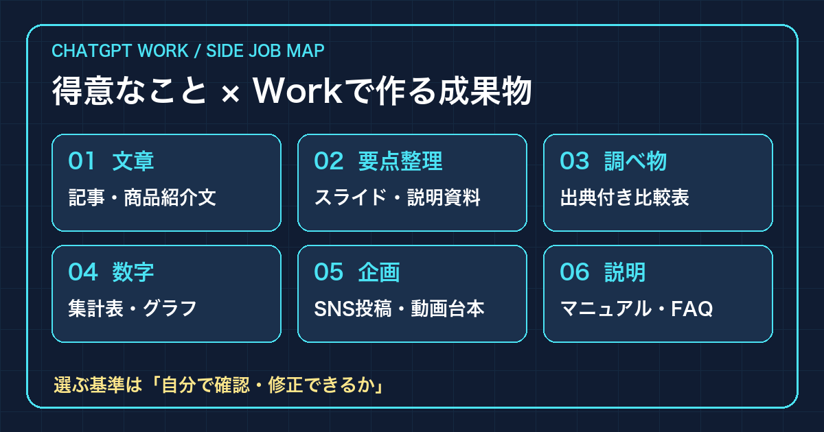 得意なこととChatGPT Workで作る成果物を対応させた副業6選の一覧図